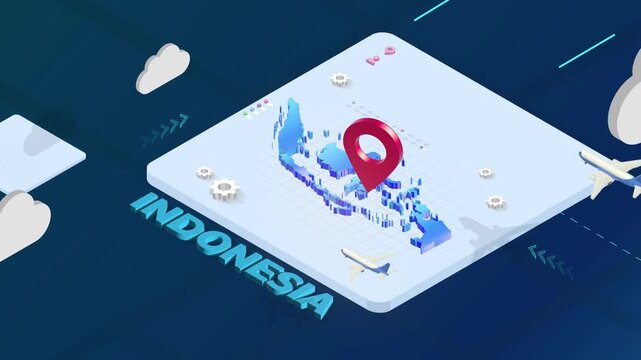 Isometric 3D Render of Indonesia Map with Red Location Pin Pointer and Floating Airplanes