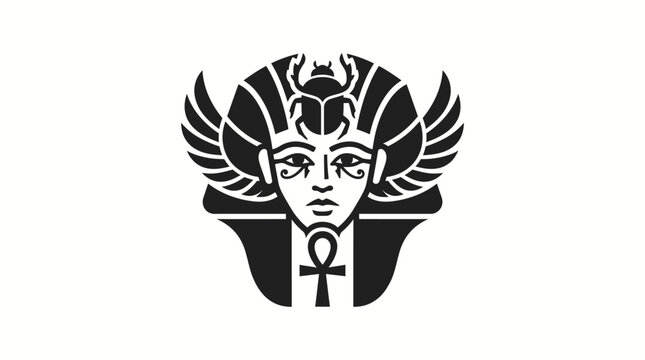 Ancient Egyptian Pharaoh Mask with Ankh Symbol and Scarab Beetle Headdress.