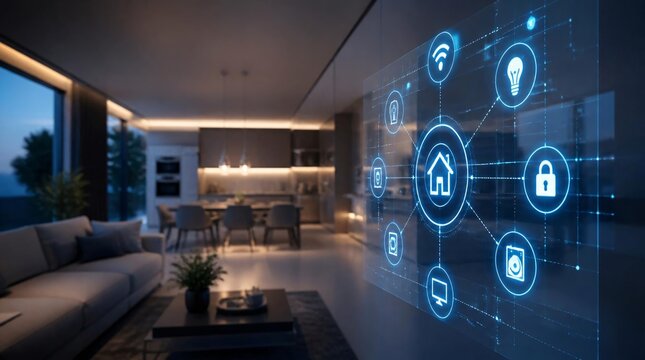 Futuristic modern smart home interior with glowing blue IoT interface layer.