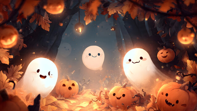 Whimsical Halloween illustration featuring friendly ghosts surrounded by pumpkins in an enchanted forest