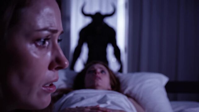 Terrified Woman Experiencing Sleep Paralysis with a Shadowy Horned Monster Silhouette Ominously Standing in Bedroom Doorway