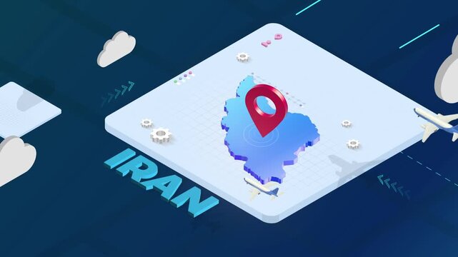 Isometric 3D Render of Iran Map with Red Location Pin Pointer and Floating Airplanes