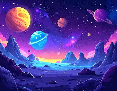Colorful alien landscape with planets