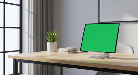 Fototapeta premium A modern office workspace with a computer monitor on a wooden desk indoors