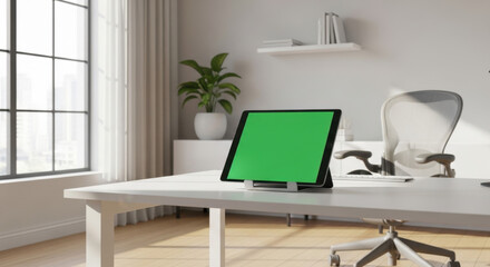 Fototapeta premium A green screen laptop sits on a white desk in a bright office room with a chair and plant.