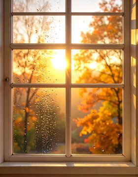 Cozy autumn sunrise through window