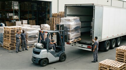 Naklejka premium Forklift operator loading pallet of furniture into semi trailer truck. Men working in warehouse distribution center. Logistic supply chain management, industrial freight delivery job.