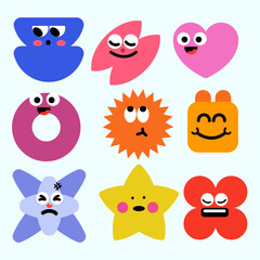 Naklejka premium Colorful geometric set simple cartoon faces with expressive eyes and emotions, vector design for kids education, learning posters, and games.