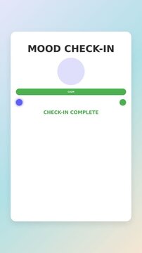 Wellness app UI animation with mood check-in card on soft pastel background. Minimal flat motion graphics with lavender, blue, and beige colors. Vertical mental health visual 