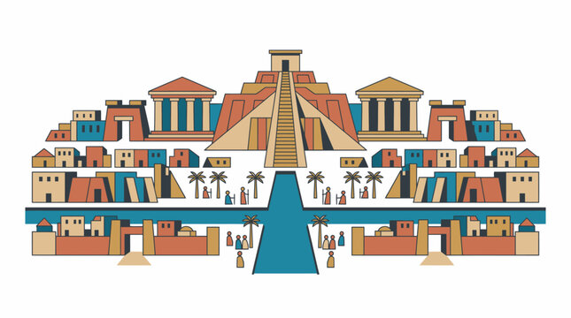 Ancient Mesopotamian Cityscape with Ziggurat and River Illustration.