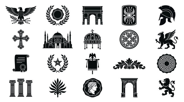 Ancient Roman and Byzantine Empire symbols and historical emblems set.