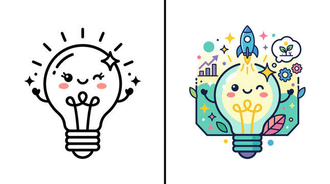 Creative lightbulb and rocket innovation concept icons.