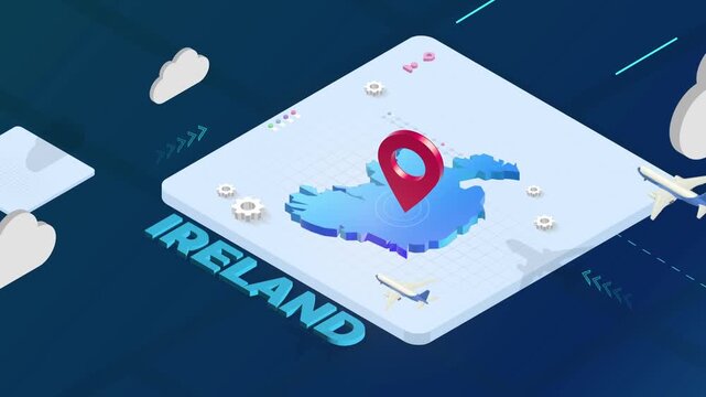 Isometric 3D Render of Ireland Map with Red Location Pin Pointer and Floating Airplanes