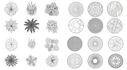 Obraz premium Top View Potted Plant and Round Rug 2D CAD Floor Plan Vector Symbol Set