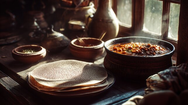 Homemade injera and wot in a rustic kitchen setup near window light, fermented flatbread texture, rich stew details, cozy home cooking atmosphere, food photography.