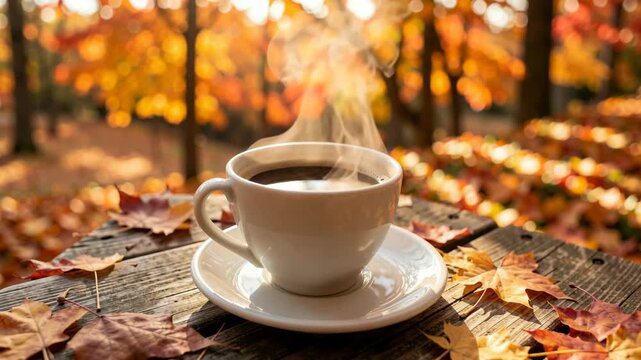 A single cup of coffee sitting on a saucer on a wooden table surrounded by fallen autumn leaves.