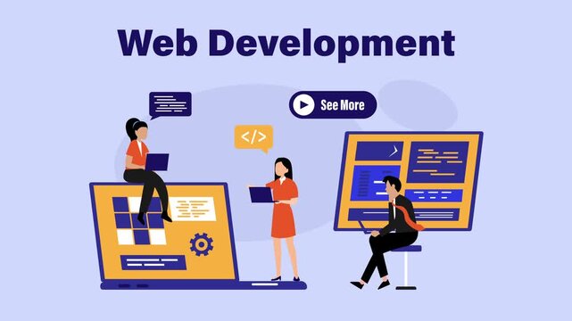 Web development and programming banner concept. Software engineering team coding, designing UI interface, and building websites on giant laptops cartoon animation