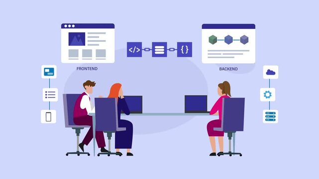 Software developers team working together on full stack web development concept cartoon animation