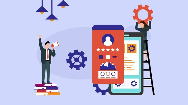 Mobile application development and optimization team concept. App UI design, technical management, and digital business ranking enhancement cartoon animation