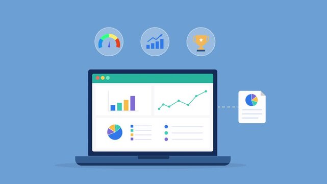 Modern flat vector animation featuring an analytics dashboard with performance, growth, and innovation icons. Ideal for business intelligence, KPI monitoring, strategic planning, and reporting concept