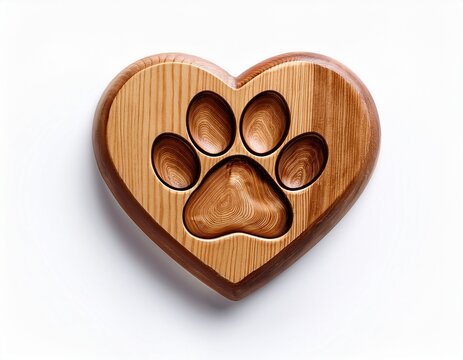 wooden heart shaped paw print isolated on white background