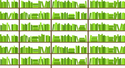 Organized library bookshelves with various green books and novels © puan