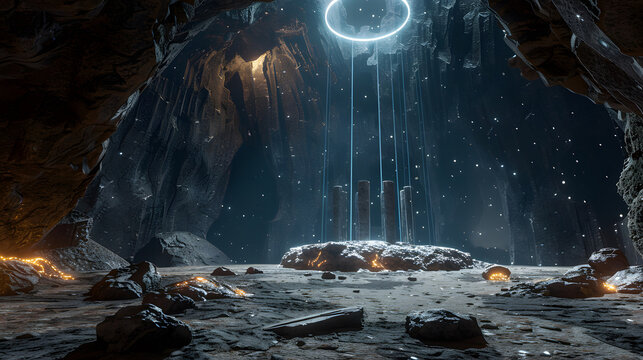 Mysterious Cave With Glowing Ring and Stone Platform