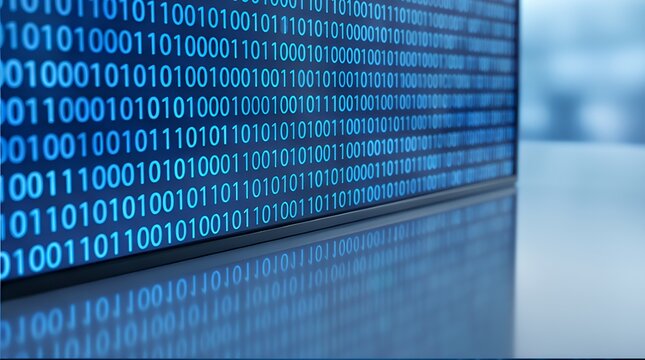 Binary Code Visualization: Digital Data Streams on Blue Screen Display