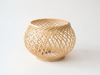 Obraz premium Handmade Woven Bamboo Basket with Open Lattice Pattern on White Background