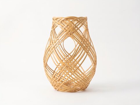 Minimalist woven bamboo basket vase isolated on white background