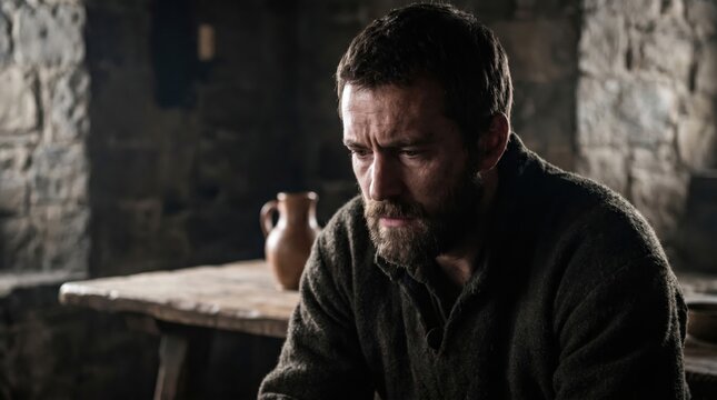 Worried man sitting in a dark room. Troubled individual thinking about future events in a historical setting. Biblical scene reflecting on the search for the place of birth of Christ.