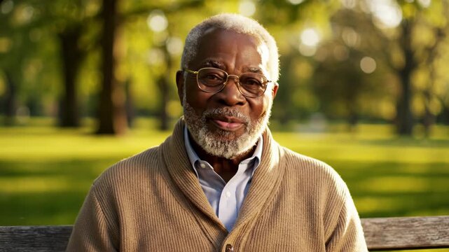 Portrait of a friendly senior african american man waving hello in a sunlit park setting