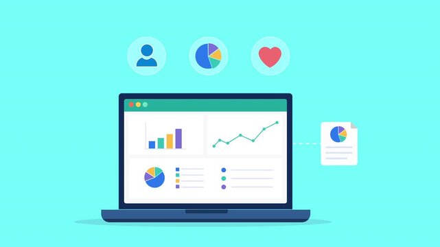 Modern flat vector animation featuring an analytics dashboard with user profile, engagement, and customer insight icons. Ideal for customer analytics, audience monitoring, business intelligence, and p