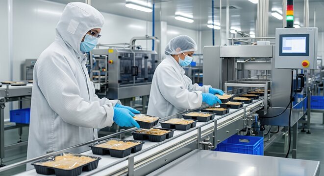 Modern frozen food factory scene showing sealed prepared meals on conveyor during cold chain production, packaging and quality control.