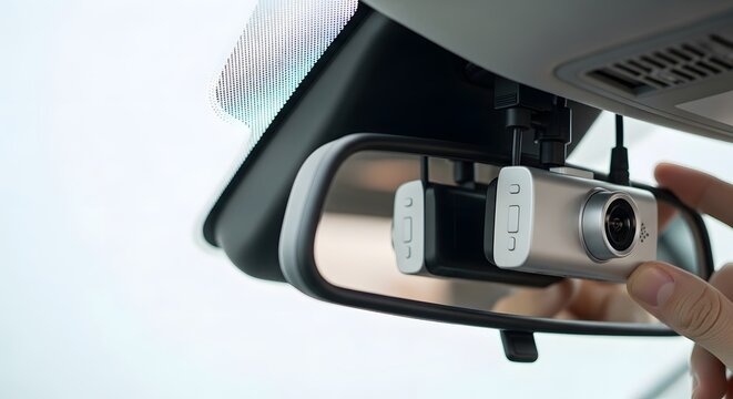 Driver adjusting a modern car dashcam mounted on the rearview mirror, ensuring road safety and recording capabilities.