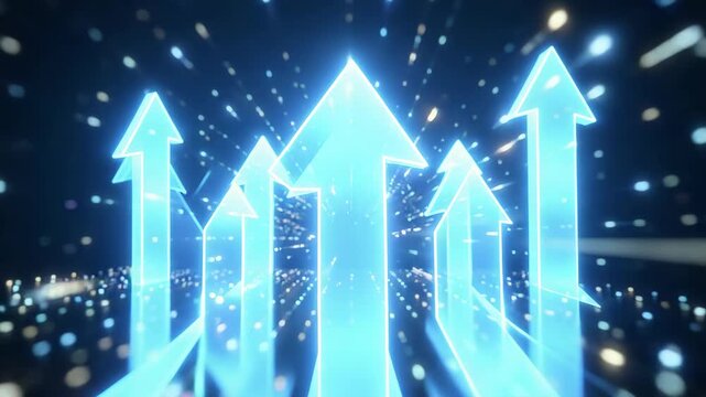 This is a digital graphic of an upward trend in the stock market with colorful glowing arrows and a starburst effect at the bottom.