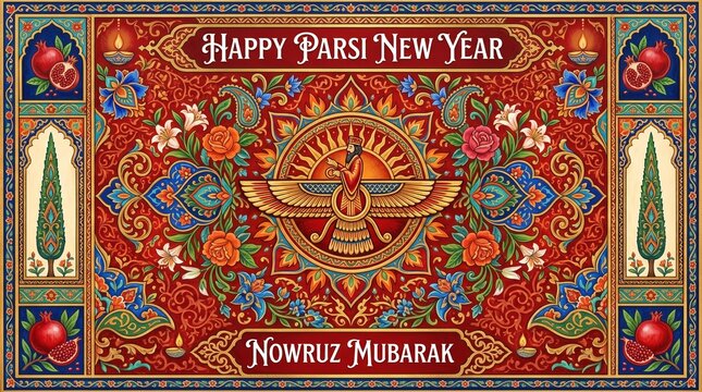 Happy Parsi New Year Nowruz Mubarak Persian Zoroastrian Symbol Faravahar.