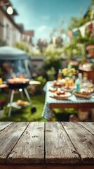 Fototapeta premium Outdoor summer garden party featuring a wooden table in the foreground and multiple food setups in the background with charcoal grills and a tent