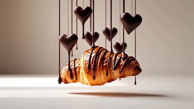Croissant suspended in mid-air with flowing chocolate syrup and hanging chocolate hearts, creating a visually appealing dessert scene against a soft background