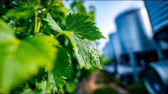 Green grapevine leaves with dew beside winery silos, showing vineyard agriculture, viticulture, wine production, and sustainable farming