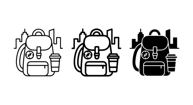 Urban Backpack Icons, City Travel Gear Set, Coffee Cup & Compass Vector Graphics
