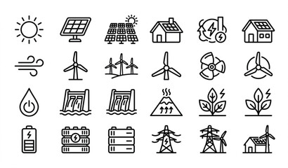 Clean monoline renewable energy farm vector icon matrix with solar panels and wind turbines on white background  © Rajib