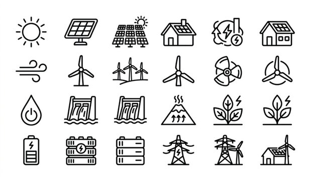 Clean monoline renewable energy farm vector icon matrix with solar panels and wind turbines on white background 