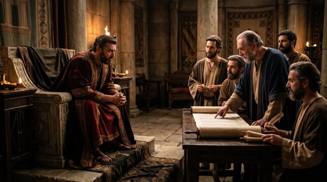 King Herod sitting on throne questioning the chief priests and scribes about the birthplace of Jesus Christ. Biblical scene inside palace with ancient scrolls. Historical religious event.