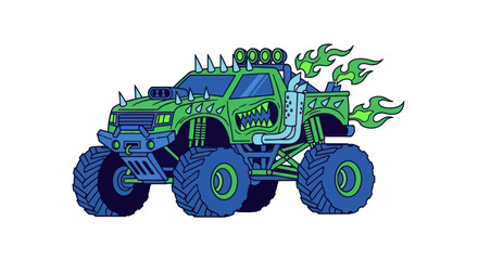 Green monster truck with spikes and lime green flames © puat