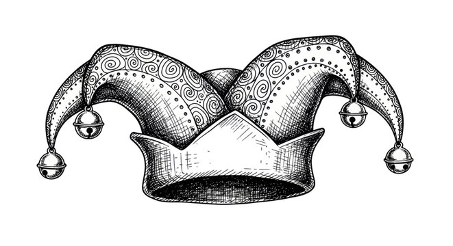 Ornate jester hat with bells in vintage engraved style