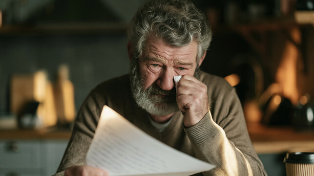 Elderly man feeling grief and receiving bad news, wiping tears with a tissue while reading document at home