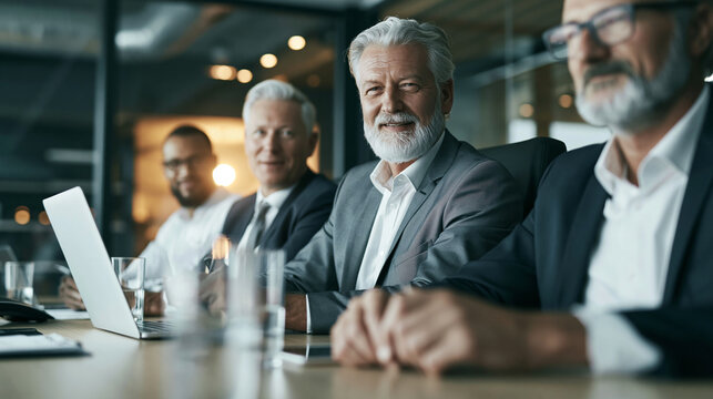 Group of confident business people sitting at a conference table, smiling with a laptop and water glasses