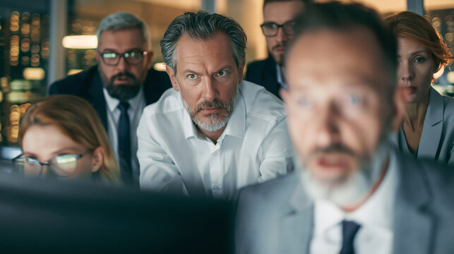Diverse business professionals working together, focusing intensely on data on a monitor during a late night at the office