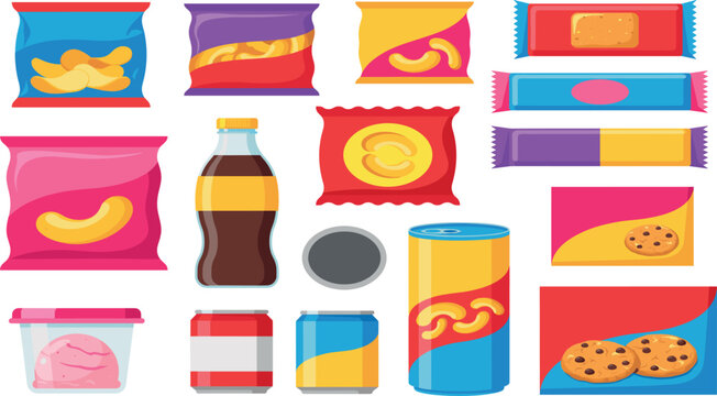 Cartoon snack and junk food collection set with chips, cookies, candy, soda bottle, energy drink can, and packaged snacks isolated on white background